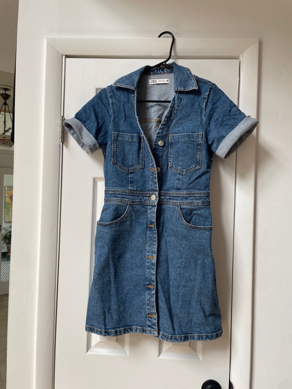 Zara Denim Button-Down Short Sleeve Dress - Medium Blue